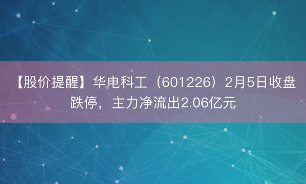 【股价提醒】华电科工（601226）2月5日收盘跌停，主力净流出2.06亿元